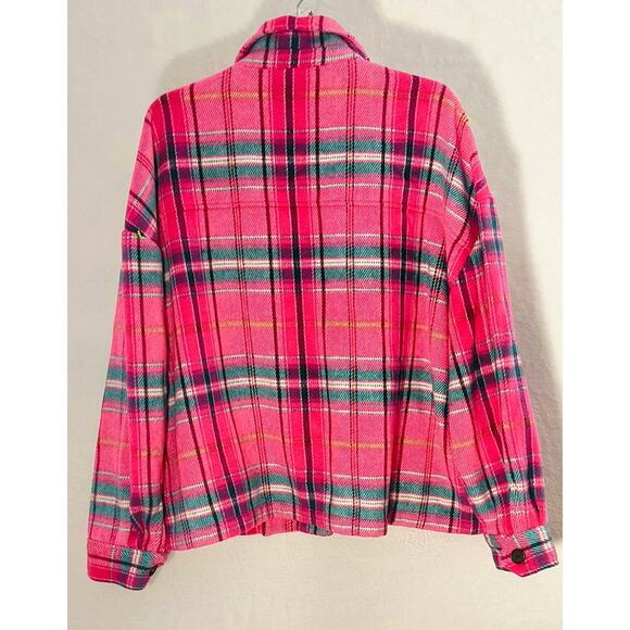 Crown & Ivy Shirt Jacket Wmn's Sz XXL Pink Plaid Flannel Boxy Button up Pockets - Picture 11 of 12